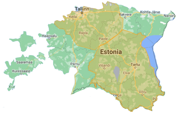 Eesti kaart, kus on kollasega märgitus Kliimakaubamaja teeninduspiirkonnad.