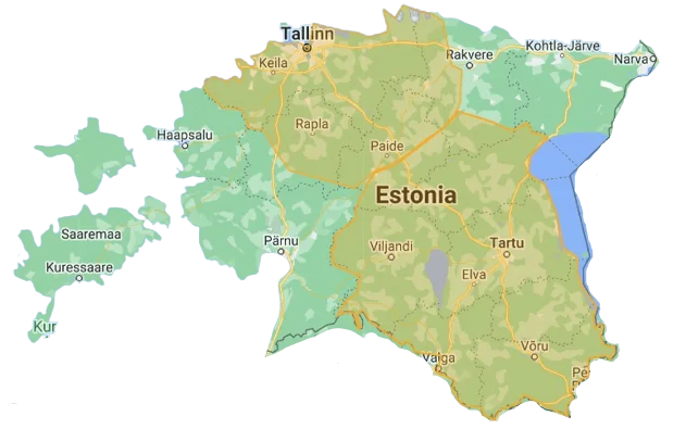 Kliimakaubamaja_põhja_ja_lõuna_eesti Eesti kaart, kus on kollasega märgitus Kliimakaubamaja teeninduspiirkonnad.